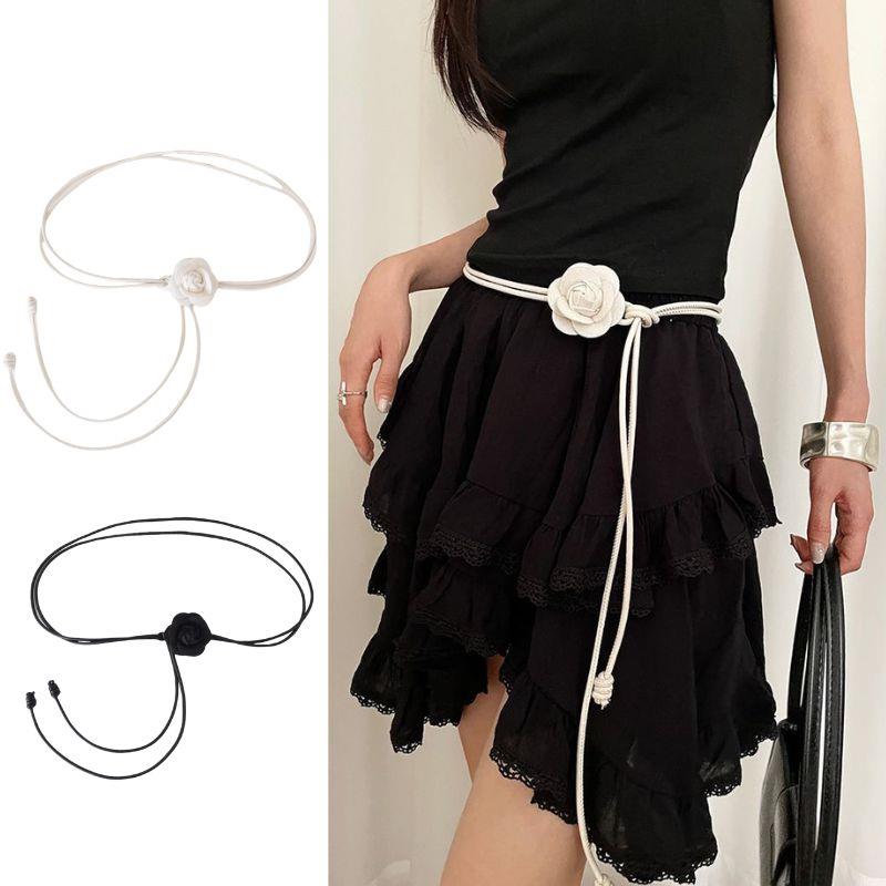 Chaîne de taille en corde de cuir pour femmes, fleur de camélia, ceinture fine, nœud doux, vêtements à la mode, robe, ceintures décoratives