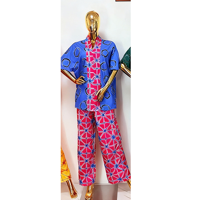 Ensemble de vêtements africains 2 pièces pour femmes, mode estivale, haut à manches courtes et col en V, pantalon long assorti, Dashiki, vêtements africains