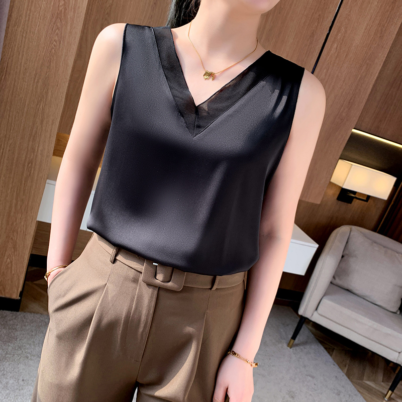 Inj-Camisole d'été en mousseline de soie pour femme, col en V, coutures en dentelle, élégant, délicat, confortable, t-shirt tout assressenti, GlaFashion, RW20