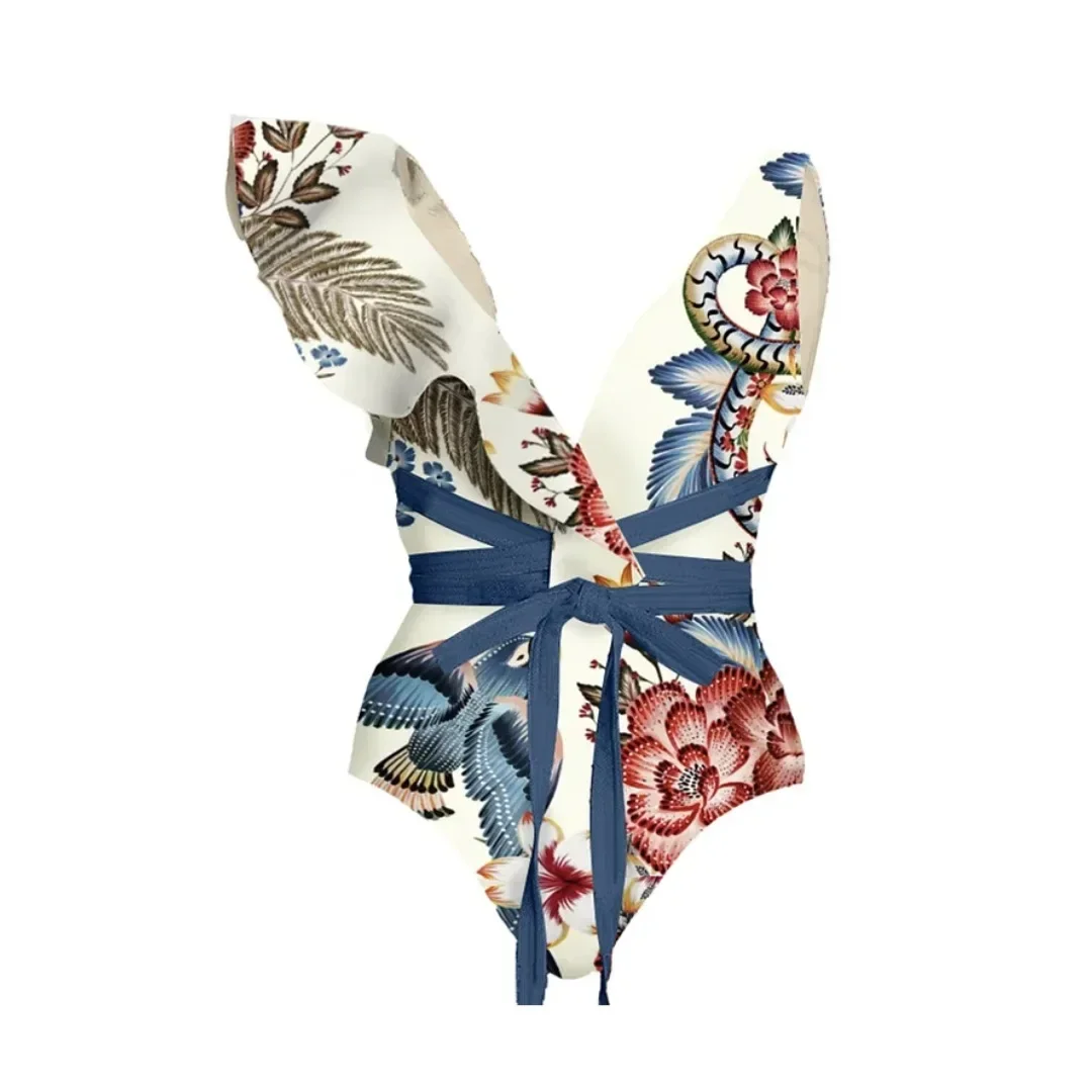 Bikini femme imprimé à volants maillot de bain une épaule Slash boutonnage Bikini deux pièces taille haute ventre Tuck maillots de bain nouveau