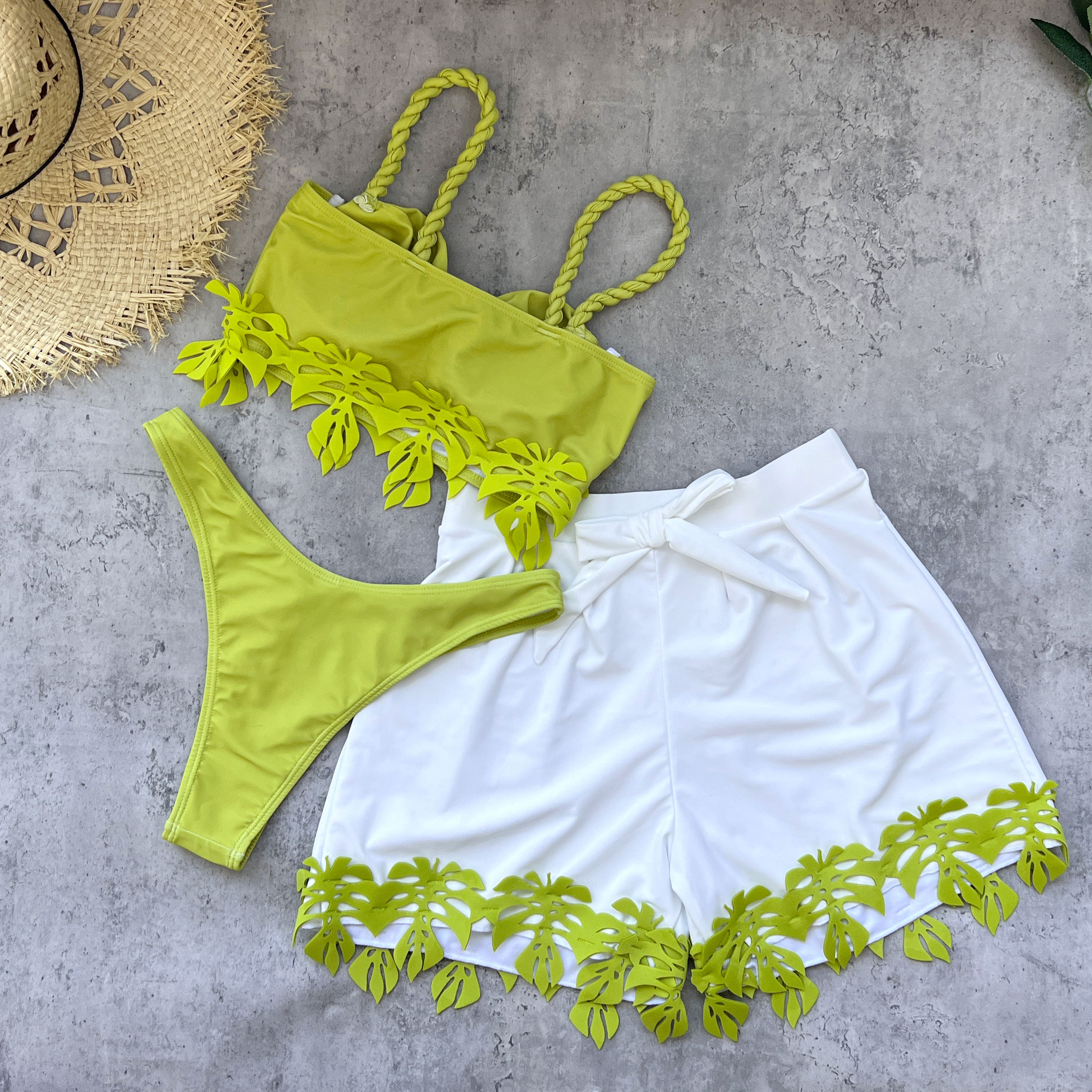 Ensemble de maillot de bain élégant pour femme avec short et applique feuille, nœud papillon, style bikini, tenue de plage