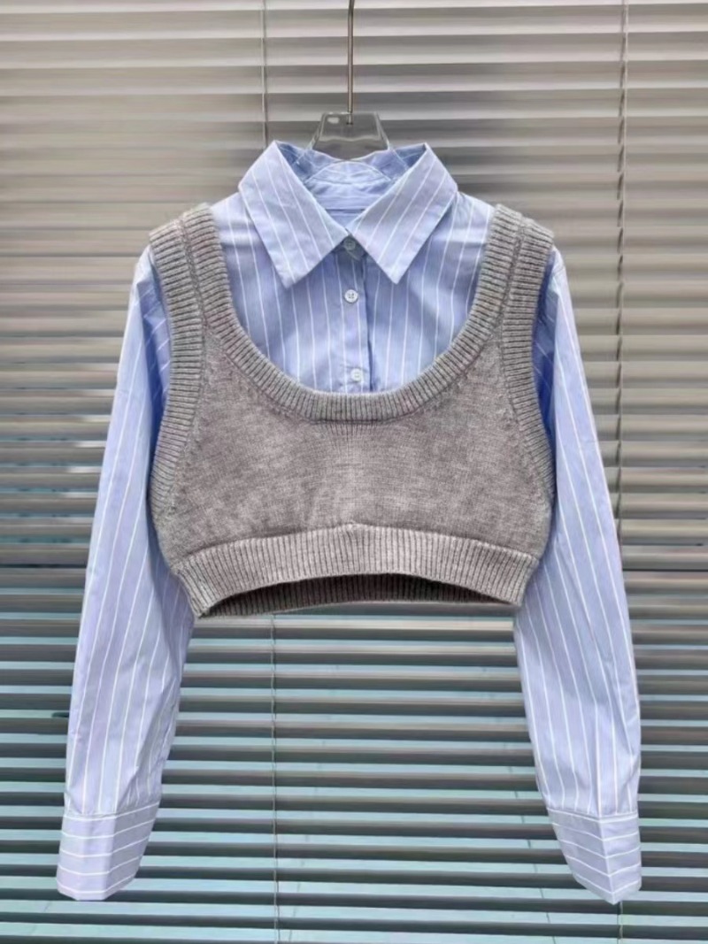 Débardeur élégant à rayures bleues pour femme, chemise blanche