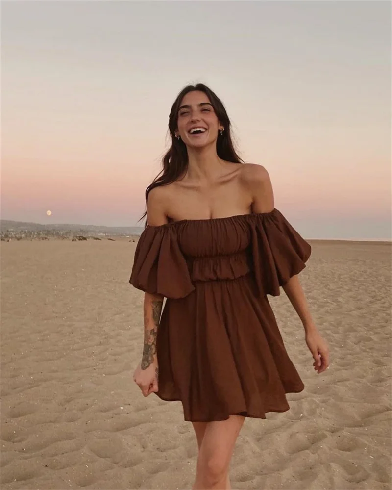Robe d'été décontractée pour femmes, mode Sexy, couleur unie, élégante, manches courtes bouffantes, épaules dénudées, tunique, marron/blanc
