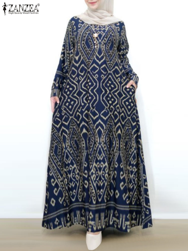 ZANZEA-Robe Longue Vintage à Imprimé Floral pour Femme, Hijab de Turquie, Abaya Musulmane à Manches sulf, Maxi, Printemps