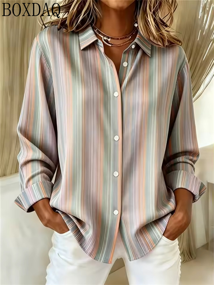 Chemisier d'été boutonné pour femmes, avec imprimé rayé multicolore, col à revers, chemise à manches longues, haut élégant pour tous les jours