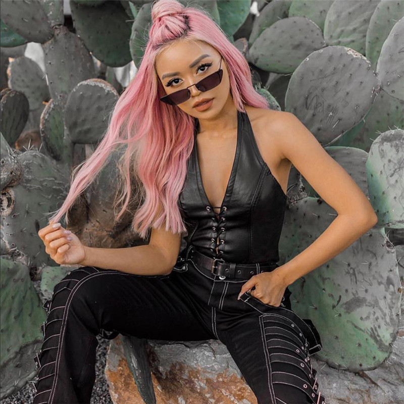 Gilet femme 2025 mode d'été élastique mode punk cuir noir hollwo haut court T-shirt coupe ajustée gilet en cuir souple