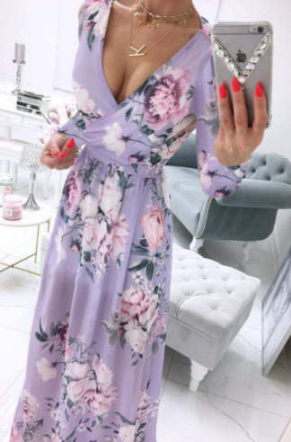 Robe bohème en mousseline de soie pour femme, manches longues, col en V, imprimé