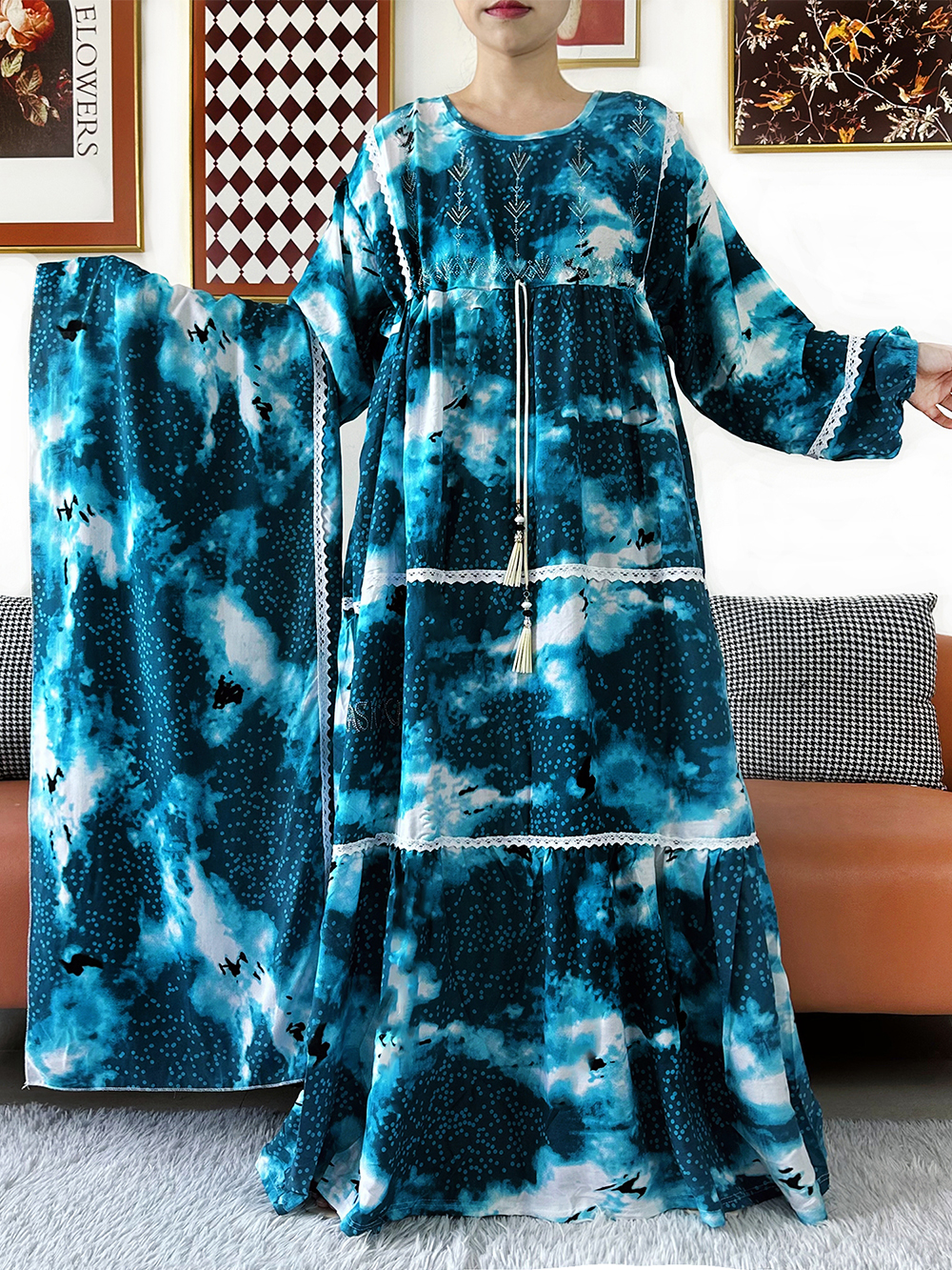 Nouvelle Robe Kashkha Dubaï en Coton Fleuri, Abaya Dubaï à Manches Longues, Ample, Style Bohème, Maxi, Décontractée, Tendance, Vêtement Africain ED402