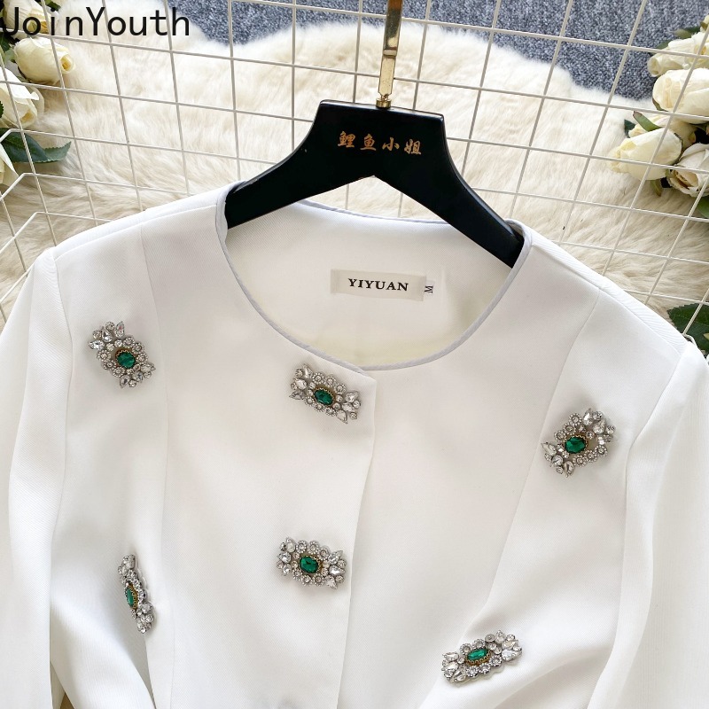 Vêtements pour femmes tempérament vestes diamant lourd col rond lanterne manches manteaux hauts 2025 Ropa Mujer taille mince Chic vêtements d'extérieur