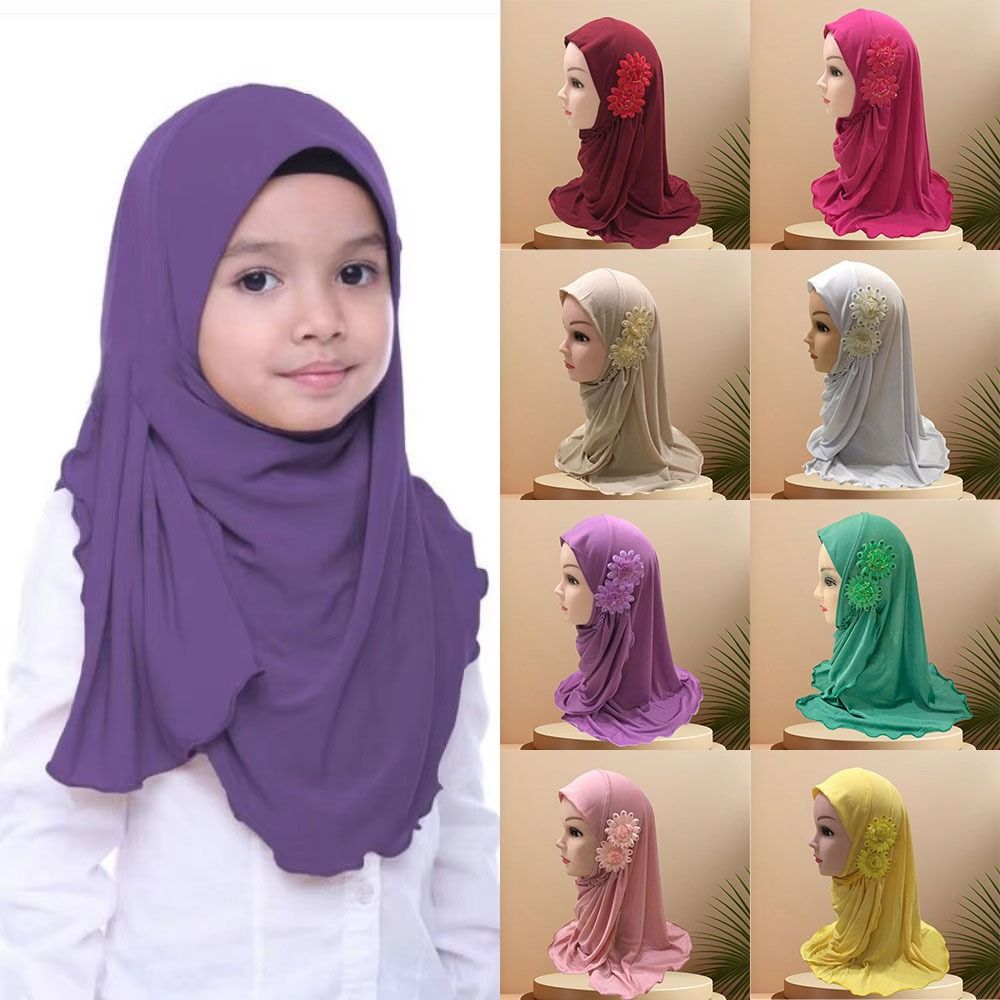 Tête de fleurs solides pour enfants, Hijabs élastiques de 50cm pour filles musulmanes, chapeau de prière, Turban, écharpe islamique, châles