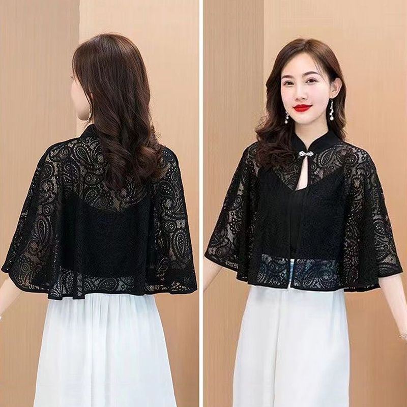 Châle-manteau printemps-été, écharpe fine, cardigan à manches longues en dentelle, col montant, poncho polyvalent