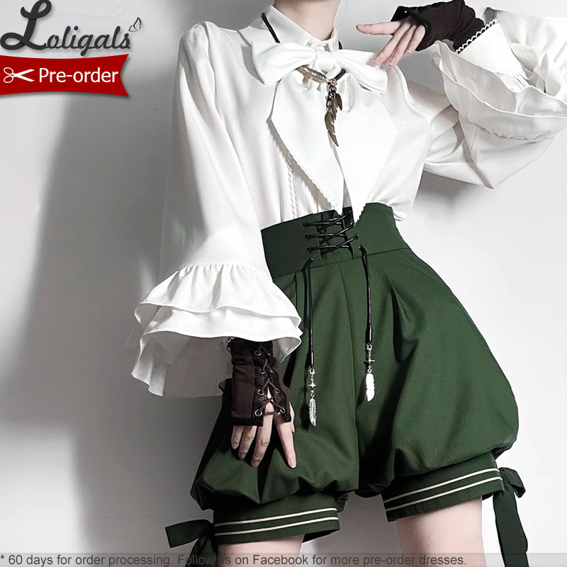Ouji Lolita tenue rétro vigne vert longue oreille de lapin gilet à capuche/shorts bloomer Cosplay/ Cape à pompon par princesse chroniques
