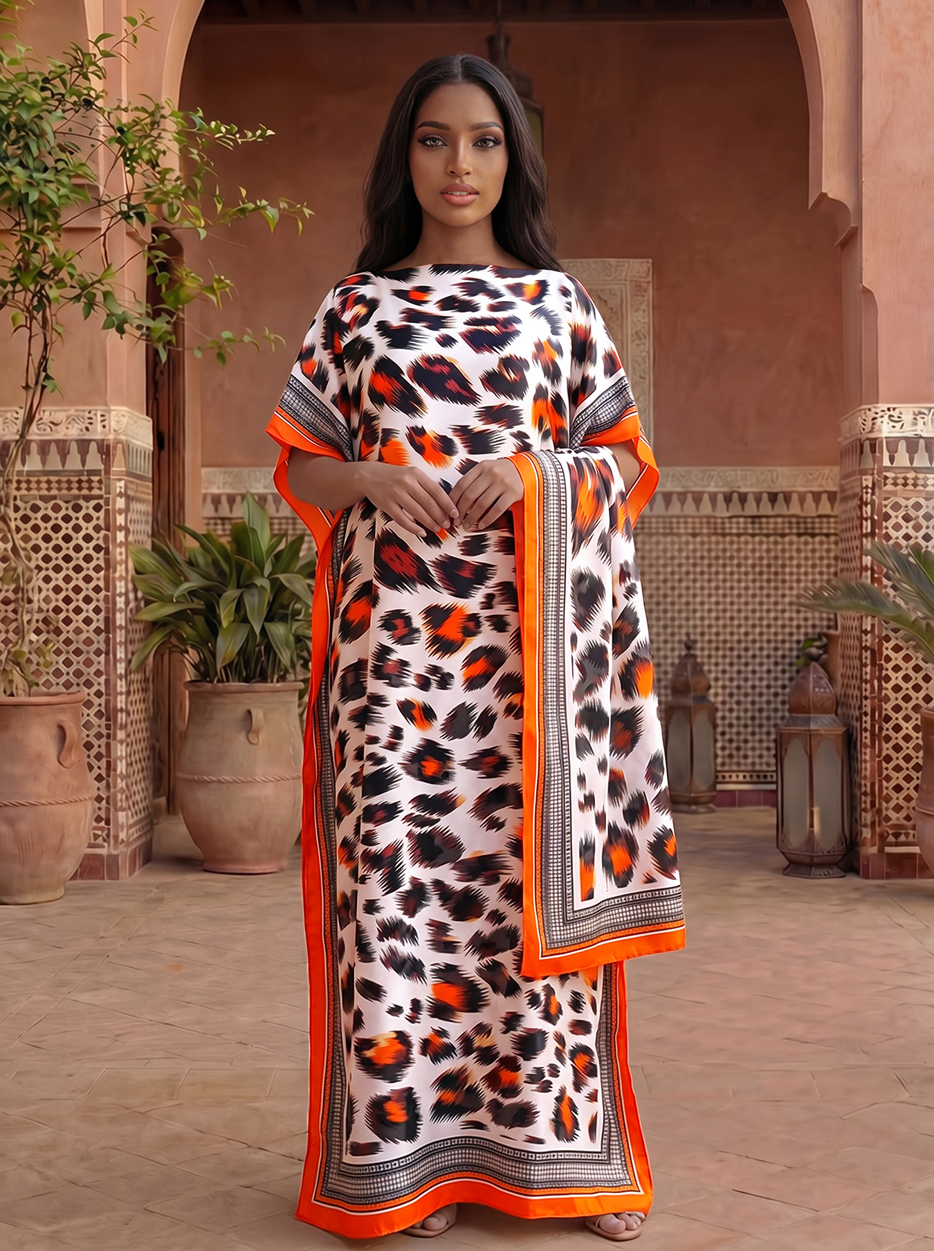 Ensemble Abaya et Foulard en Satin Imprimé Léopard Bohème, Kaftan Maxi Ample à Manches Chauve-Souris pour Femmes Musulmanes Africaines, Idéal pour les Vacances, la Plage et le Quotidien