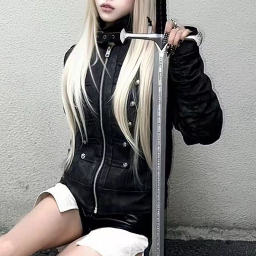Veste pour femme à col à revers et fermeture éclair, style Y2K Gothique Harajuku Punk, à manches longues