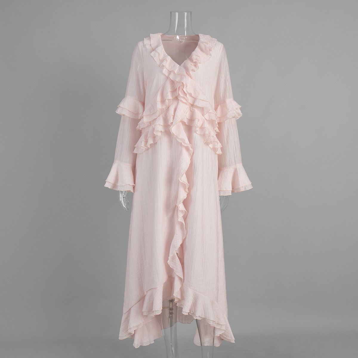 Typhaland – robe longue élégante à volants pour femmes, col en V irrégulier, manches longues, en maille, à la mode, pour vacances d'été, robe de soirée