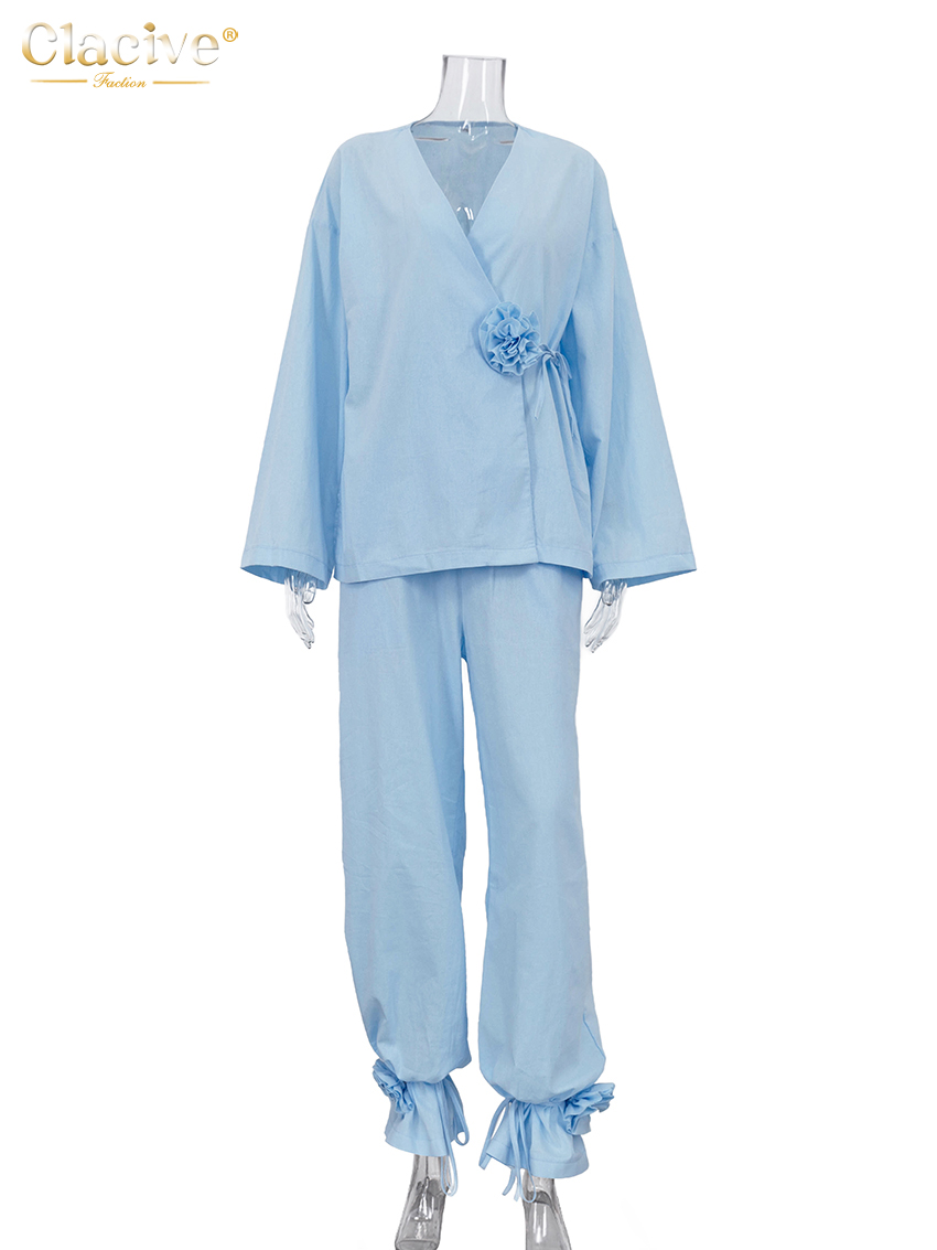 Clacive mode ample bleu deux pièces tenues femme 2025 élégant chemise à manches longues avec taille haute pantalon large ensemble vêtements féminins