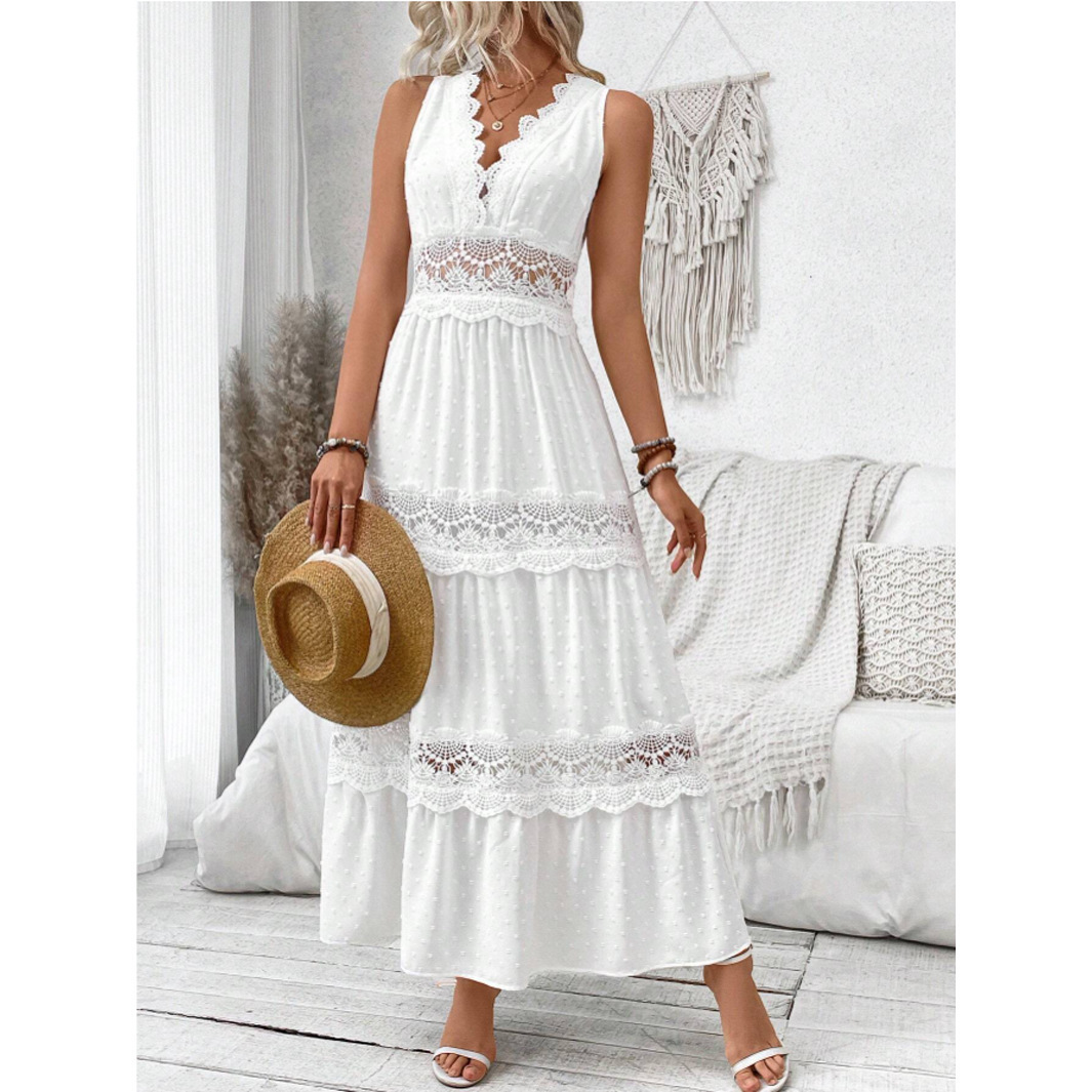Robe longue décontractée pour femme, nouvelle collection Printemps-Été 2026, couleur unie, avec empiècements en dentelle, col en V, sans manches, taille haute, dos nu, pour le quotidien