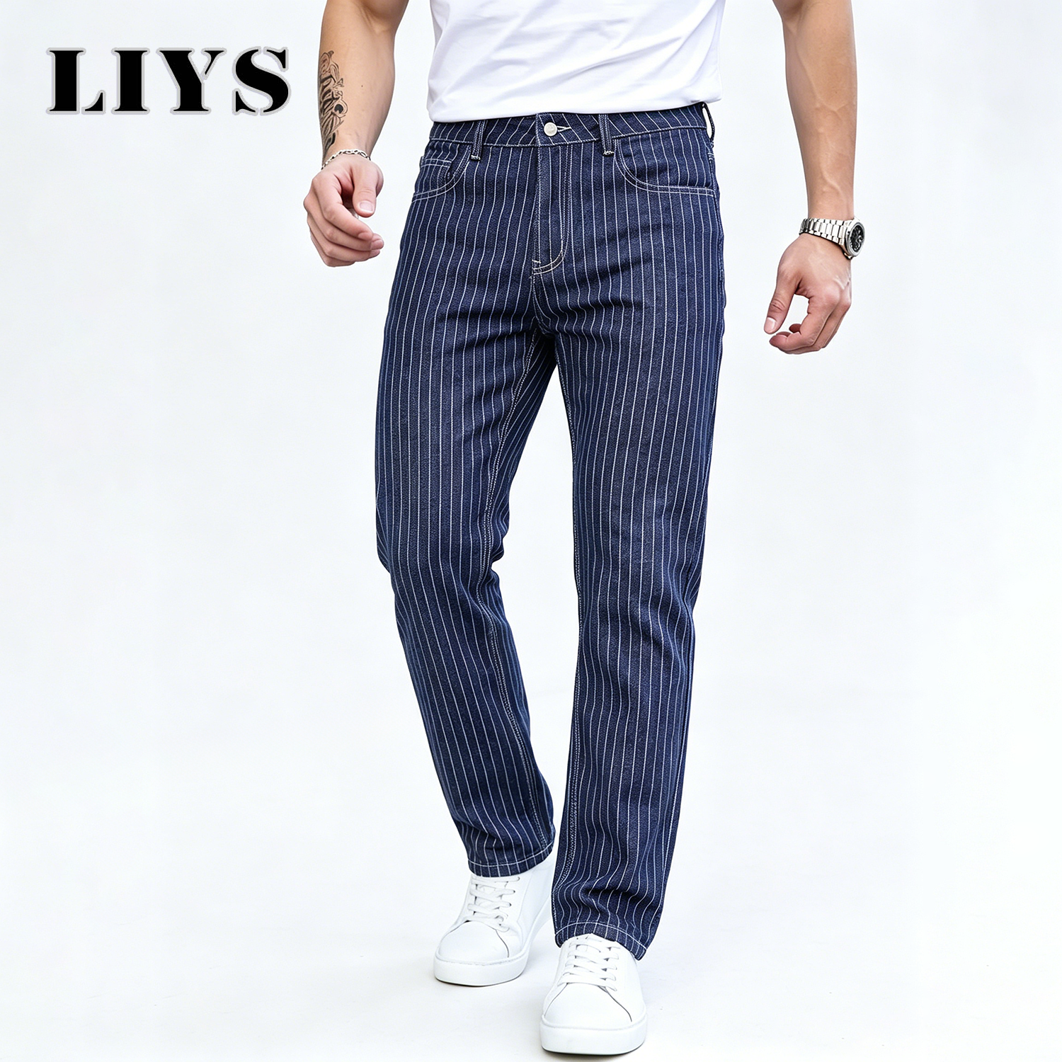 Jean slim jacquard rayé bleu et blanc LIYS, coupe droite élastique, style décontracté chic pour le bureau et les trajets quotidiens ﻿