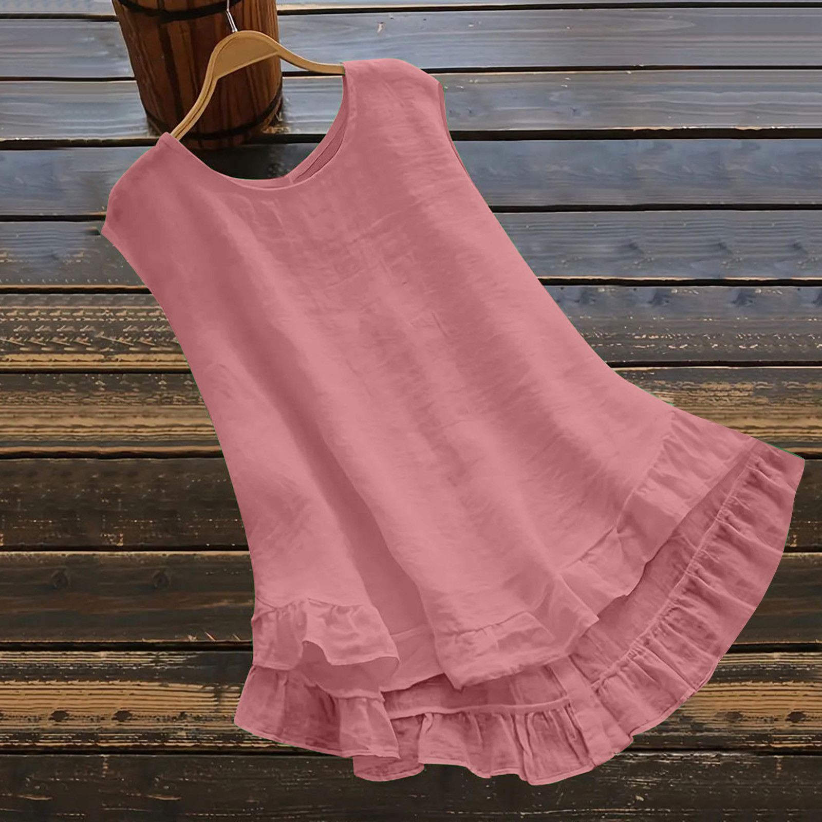 Femmes coton lin débardeur solide col rond sans manches dos Blouse élégant col rond à volants garniture haut Blusas Elegante Feminina