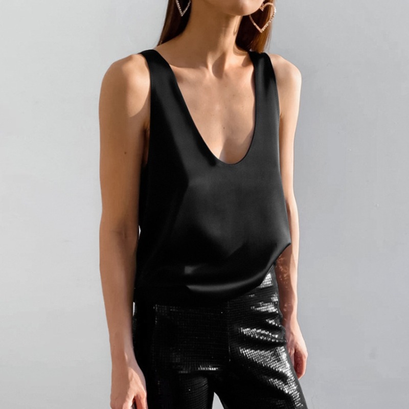 2026 Débardeur en satin uni pour femme, sexy, col en V profond, ample, en soie glacée, style camisole, simple, décontracté, pour l'été et le quotidien