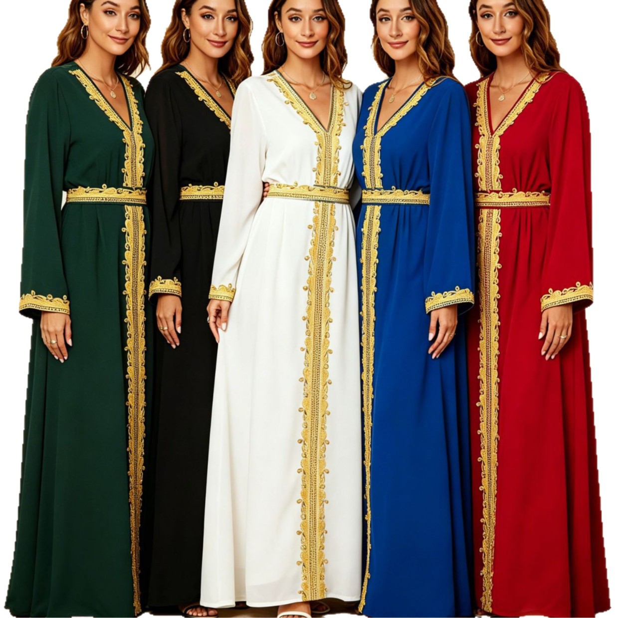 Abaya de Dubaï pour femmes, robe musulmane kaftan, broderie dorée, col en V, robe maxi coupe A, 5 couleurs, pour l'Aïd, le Ramadan, les fêtes, Vestidos