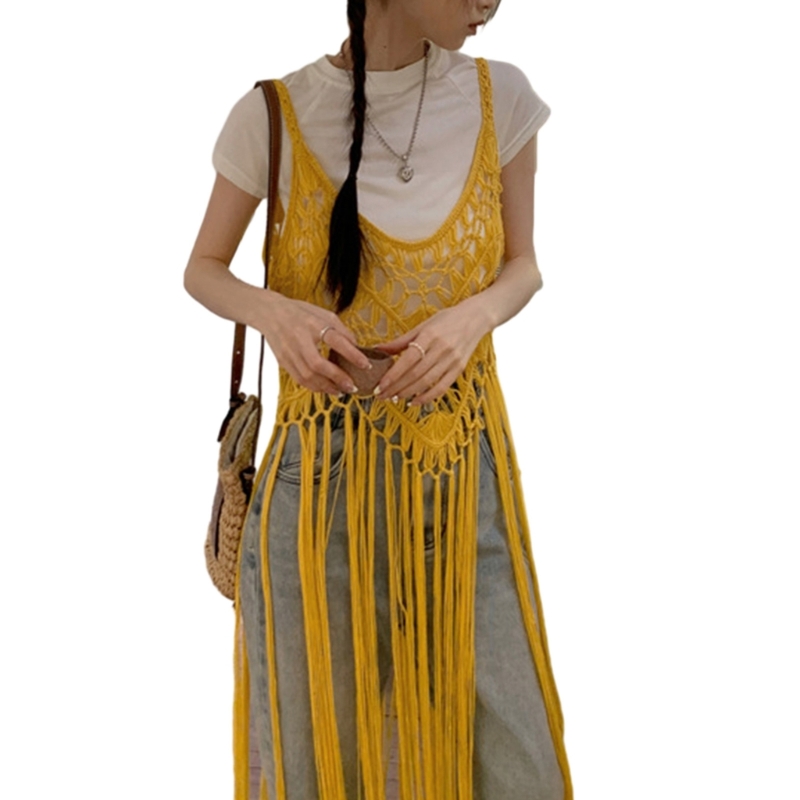 Femmes longue frange glands débardeur évider Crochet tricot sans manches fluide T-Shirt longue robe plage couvrir 066C