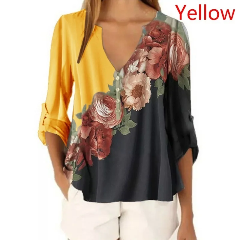 Nouveau été femmes vêtements femmes décontracté adt T-h343 mode imprimé floral avant 3/4 manches Y-V-cou pull chemises pour S-5XL