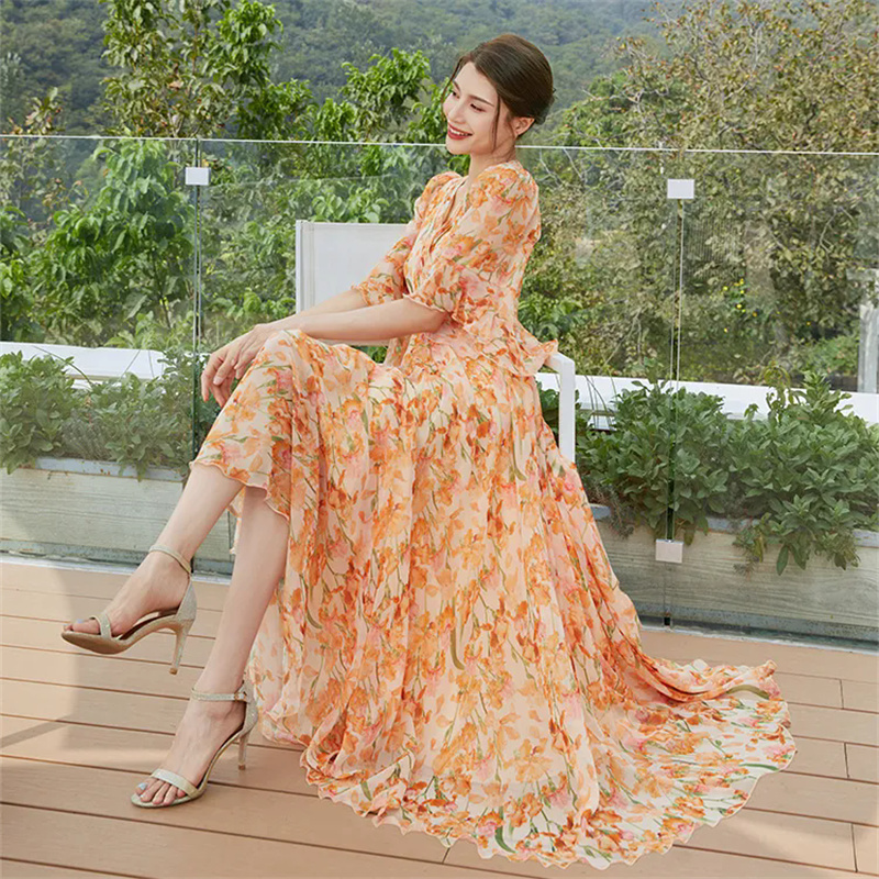 Femmes nouveau col en v jupe longue florale femme 2025 été élégant vacances Cool sentiment en mousseline de soie taille cintrée jupe impression robe