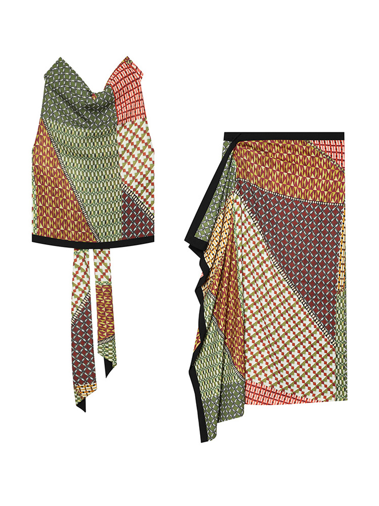 Ensemble élégant jupe et gilet imprimés pour femme – Gilet sans manches dos nu à lacets et jupe longue à rubans – Collection été 2026