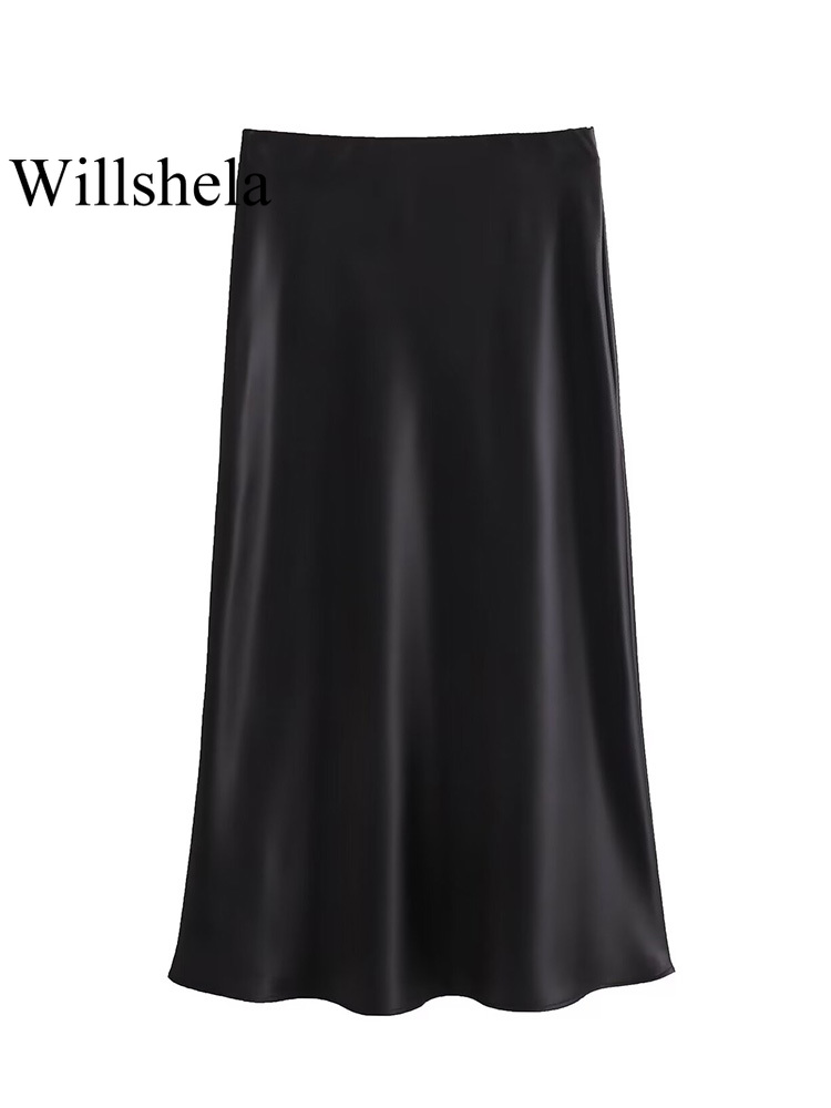 Willshela femmes mode Satin solide plissé jupe Midi Vintage taille mi élastique femme Chic dame jupes