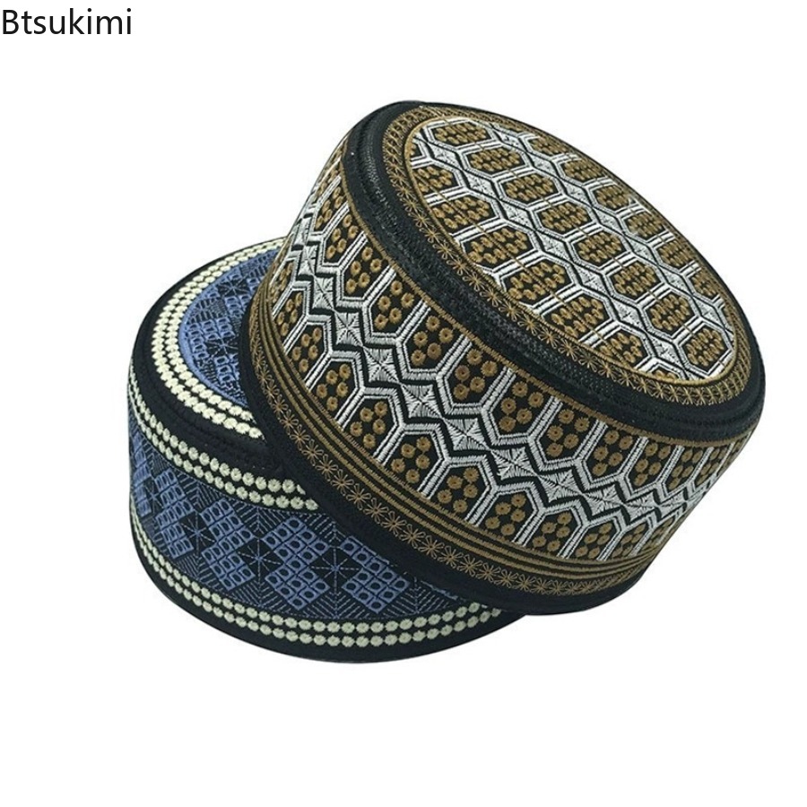 Chapeaux Turban brodés en relief pour hommes, chapeau de prière islamique Kufi respirant, Eid Ramadan, Hijabs, casquettes à la mode, chapeaux de crâne musulmans