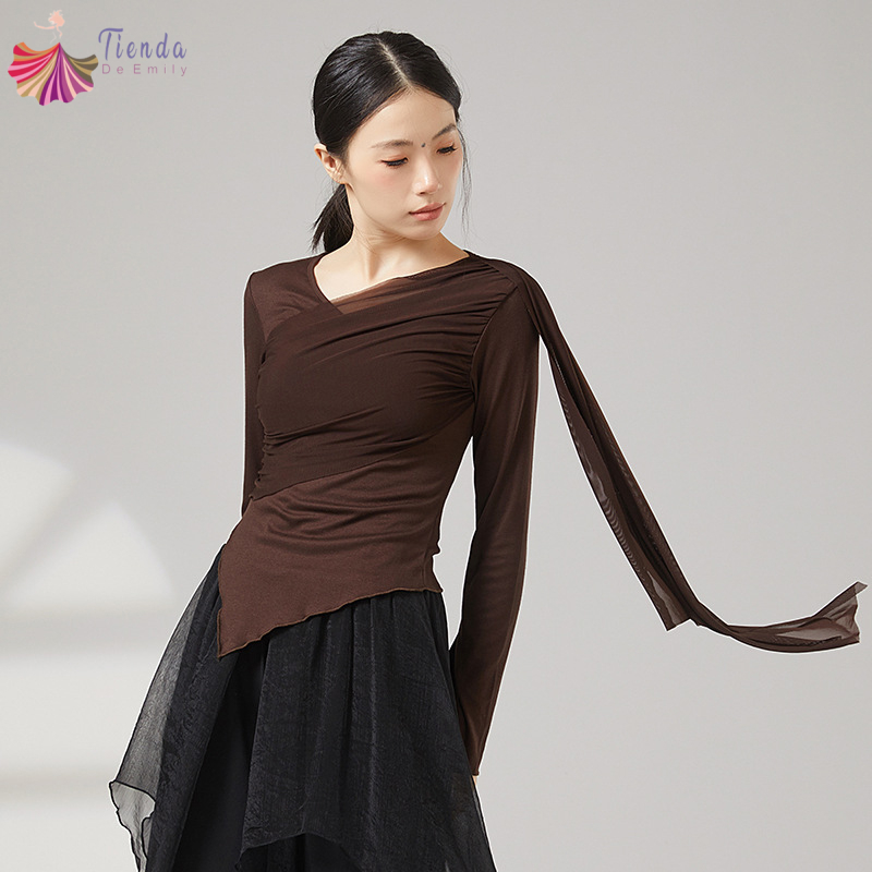 Costume de danse moderne pour femmes, haut à manches en maille évasée, chemise fluide en Tulle épissure, ourlet irrégulier, vêtements d'entraînement quotidien, t-shirt Chic de Yoga sur scène