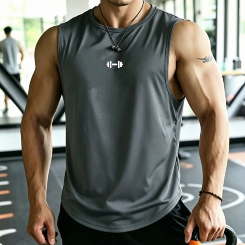Débardeur Homme en Maille Respirant à Séchage Rapide, T-shirt Sans Manches Imprimé, Col Rond Décontracté, Gilet de Sport Ample, Sous-vêtement pour Homme