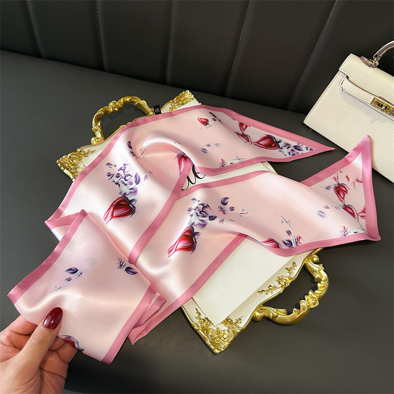 Châle de luxe à motif de fleurs roses pour femmes, longue et étroite, sensation de soie, petit foulard en soie, bandeau Double face, accessoires