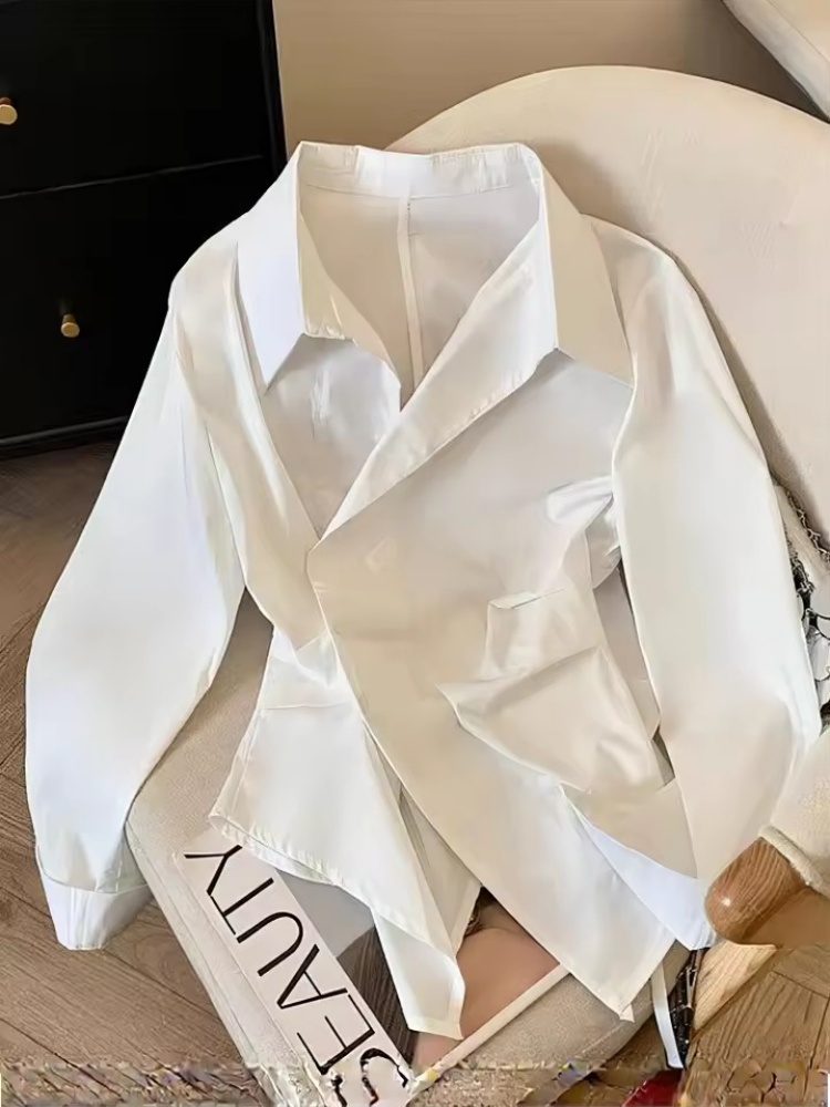 Chemise polo chic à manches longues irrégulière pour femmes, haut blanc élégant de base, chemisier, vêtements de travail tendance pour femmes