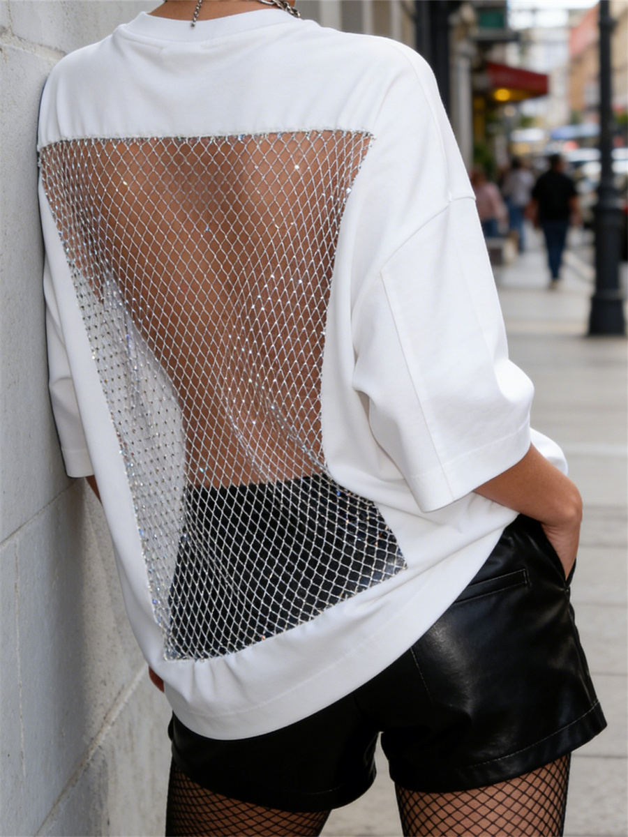 T-shirt ample pour femmes, dos nu, en maille filet, à manches courtes, décontracté, mode estivale