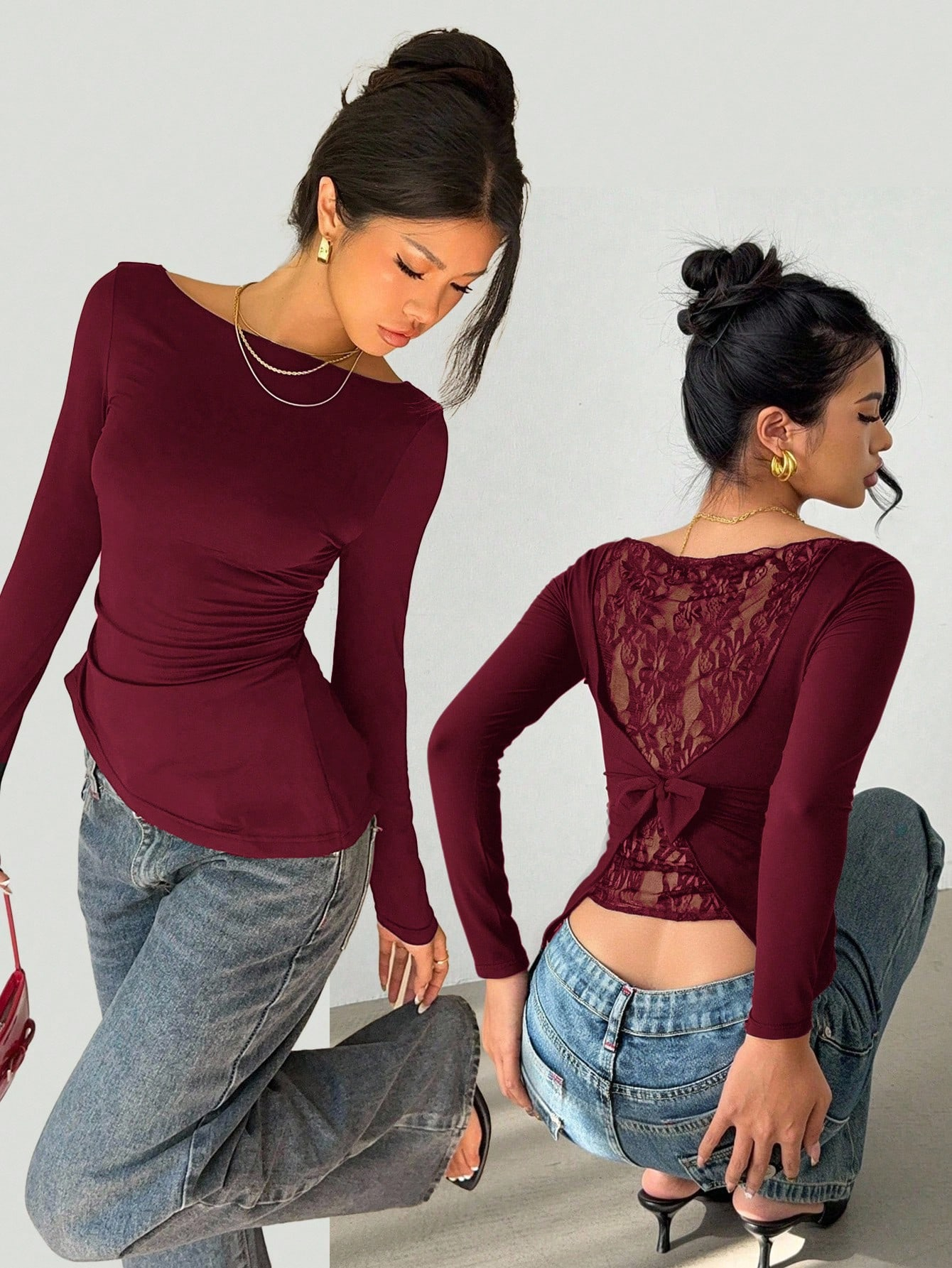 Femmes élégant dentelle Patchwork arc décorer à manches longues T-Shirt décontracté asymétrie ourlet coupe ajustée col bateau plissé hauts 2026