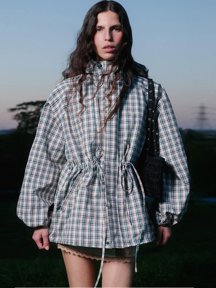 Manteau décontracté à capuche en dentelle à carreaux pour femme, simple boutonnage, manches longues, fermetures éclair, coupe ample, mode printemps automne 2026