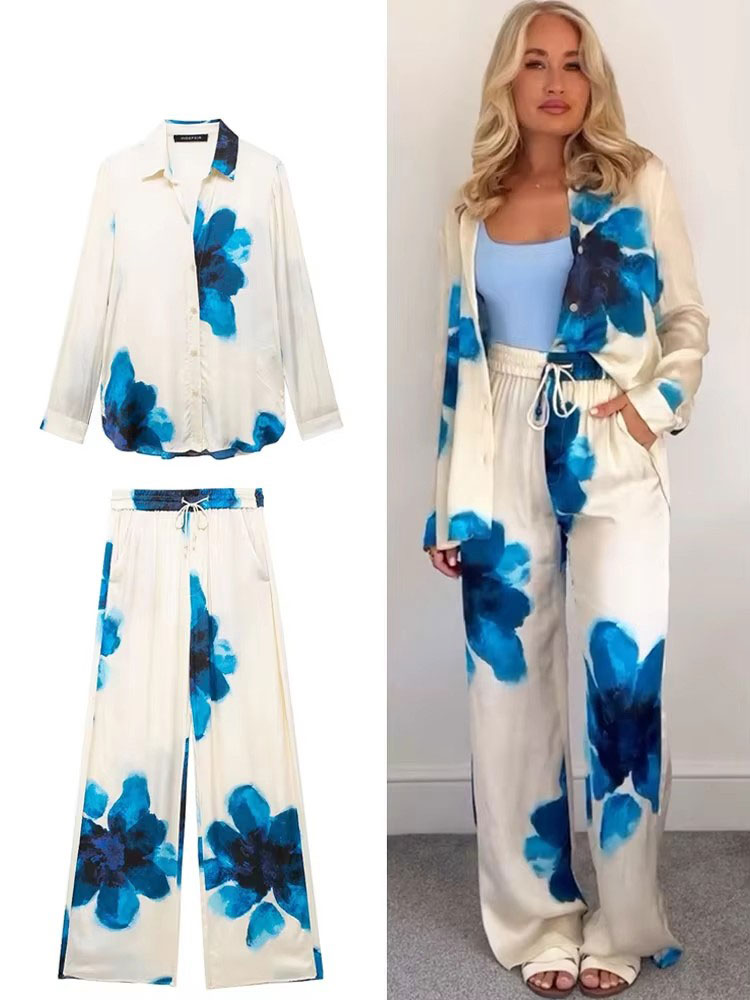 HH femmes mode imprimé fleuri Blouse pantalon ensembles à manches longues revers chemise cordon jambe large pantalon femme Streetwear costume