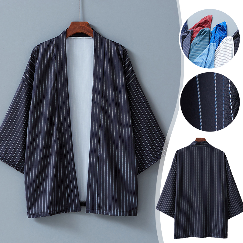 Hommes japonais Kimono Yukata Robe été couleur unie rayé vêtements d'extérieur décontractés cape Haori Spa Sauna bain plage chemise Cardigan unisexe