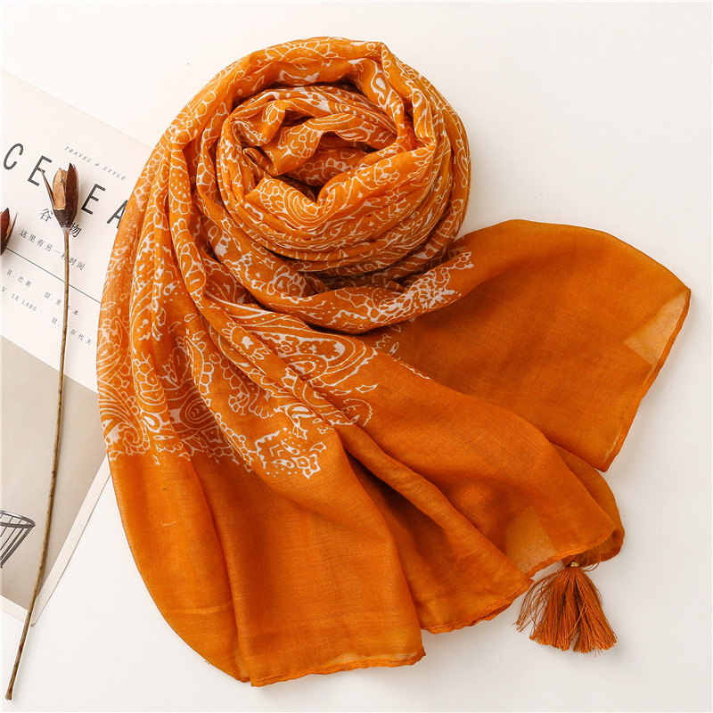 Châle en Viscose à Fleurs de Cajou Orange pour Femme, Écharpe Ethnique Aztèque, Hijab Musulman Bufanda, 180x90cm, Nouvelle Mode
