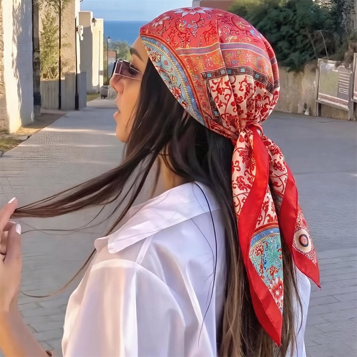 Foulard carré en satin 90 cm pour femmes, imprimé floral rétro coloré, bandana léger, foulard polyvalent, mode de vacances