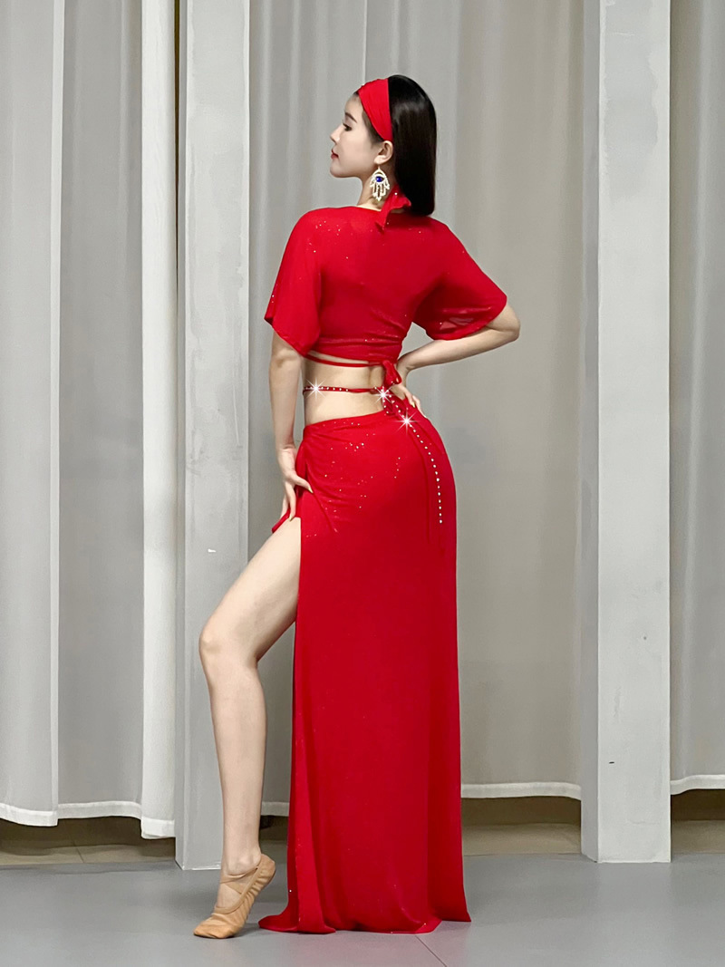 Costumes de spectacle de danse du ventre pour femmes, haut + jupe, vêtements de danse sur scène, vêtements d'entraînement