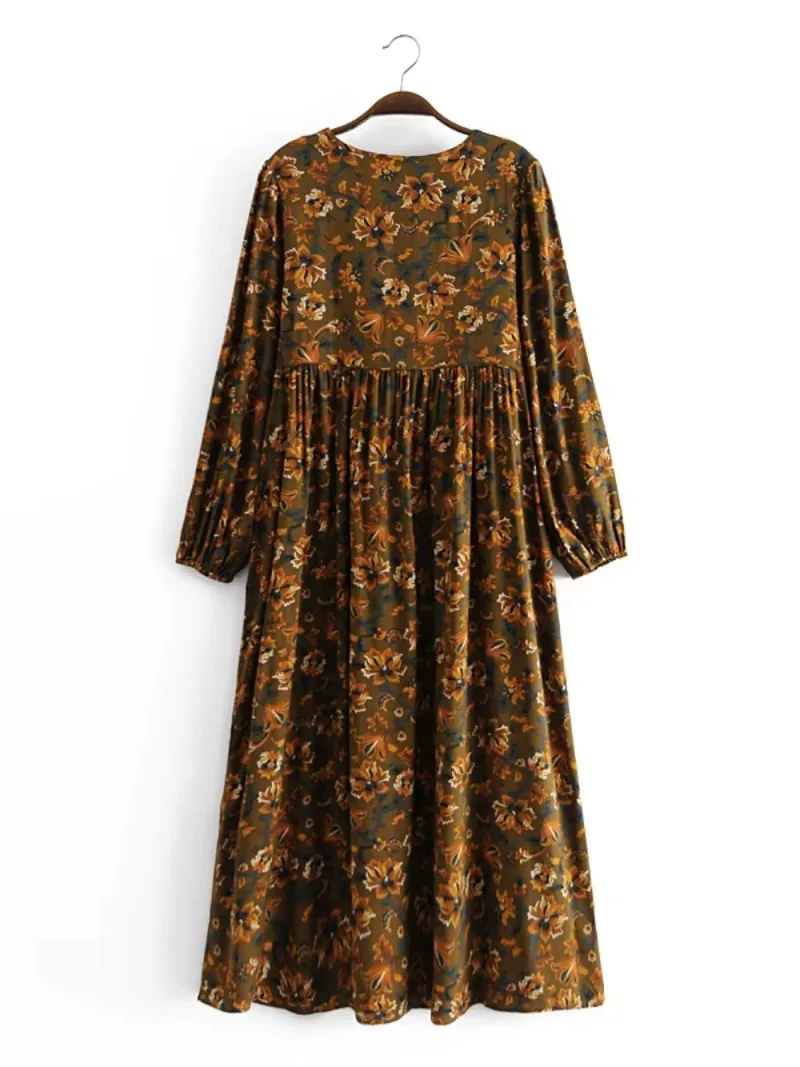 Robe maxi en coton rayonne à manches longues pour femmes, imprimé floral ethnique, robe de plage bohème, col à cravate pour dames, robe d'été vintage Boho