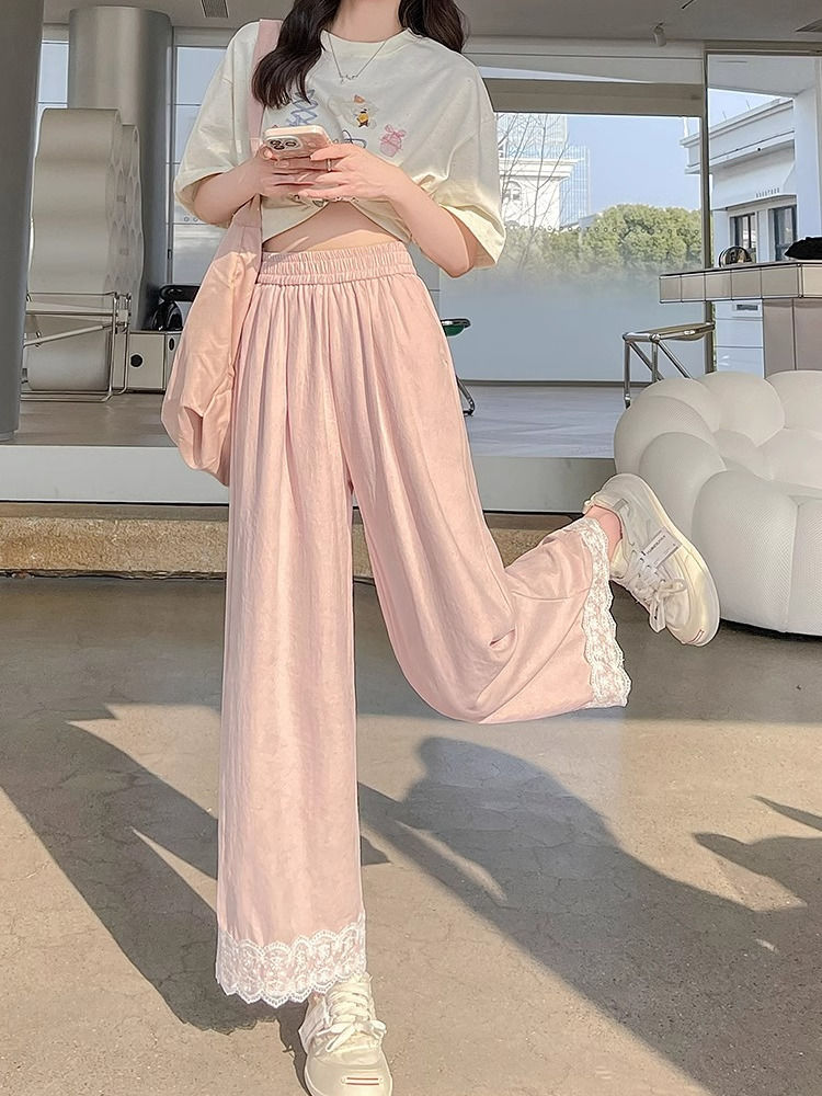 Pantalon droit ample en dentelle pour femmes, en soie glacée, décontracté et polyvalent, à neuf points, été