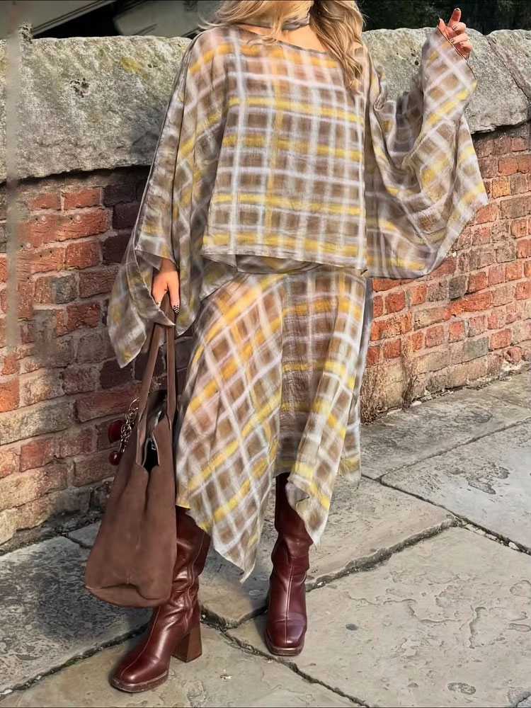 Ensembles de jupes mi-longues à carreaux printemps 2026 pour femmes, élégant haut à col écharpe à épaules dénudées, cape, hauts décontractés, jupe mi-longue, streetwear