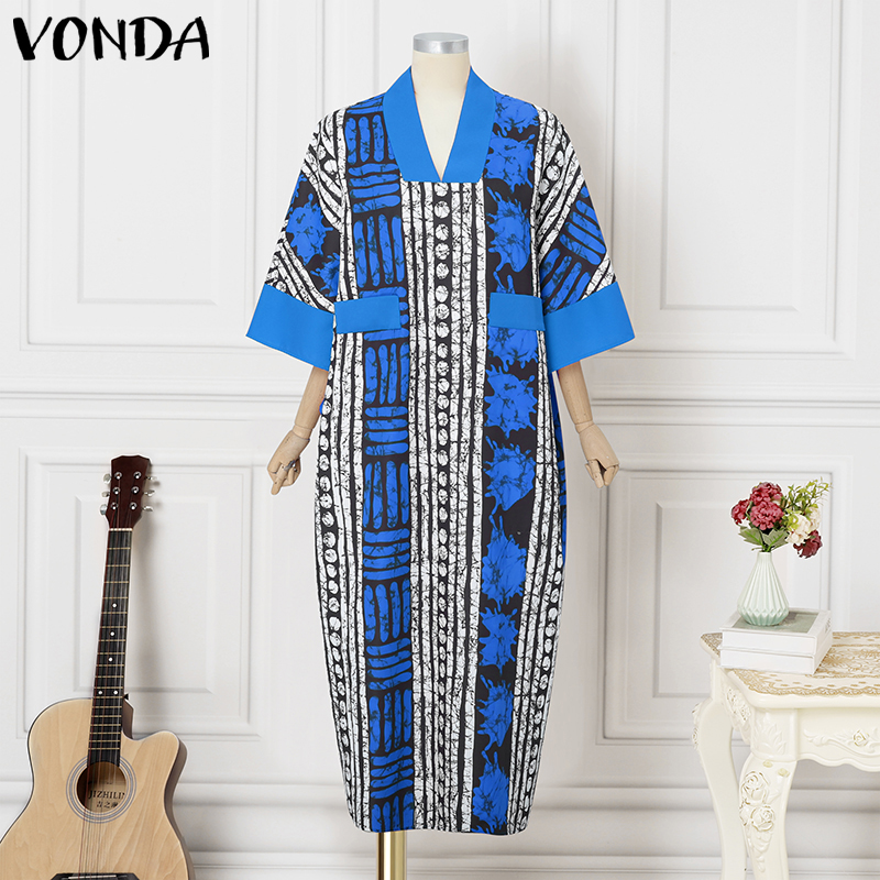 Grande taille 5XL VONDA Vintage Robe imprimée femmes été fête Maxi Robe col en v 3/4 manches décontracté surdimensionné bohème longue Robe