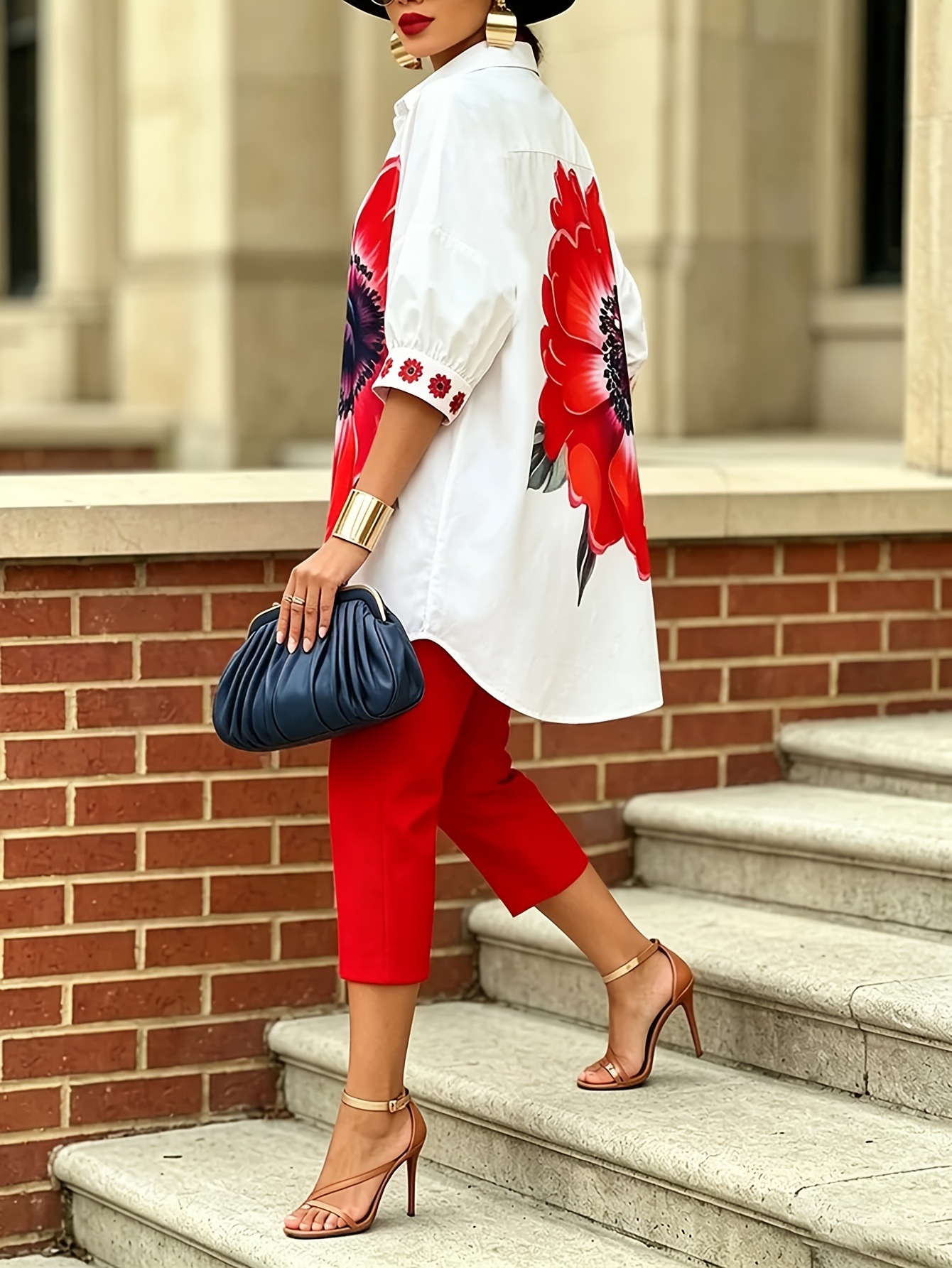 Ensemble 2 pièces vintage pour femme, imprimé floral, chemise à manches courtes et col rabattu à simple boutonnage, pantalon slim uni, tenue décontractée