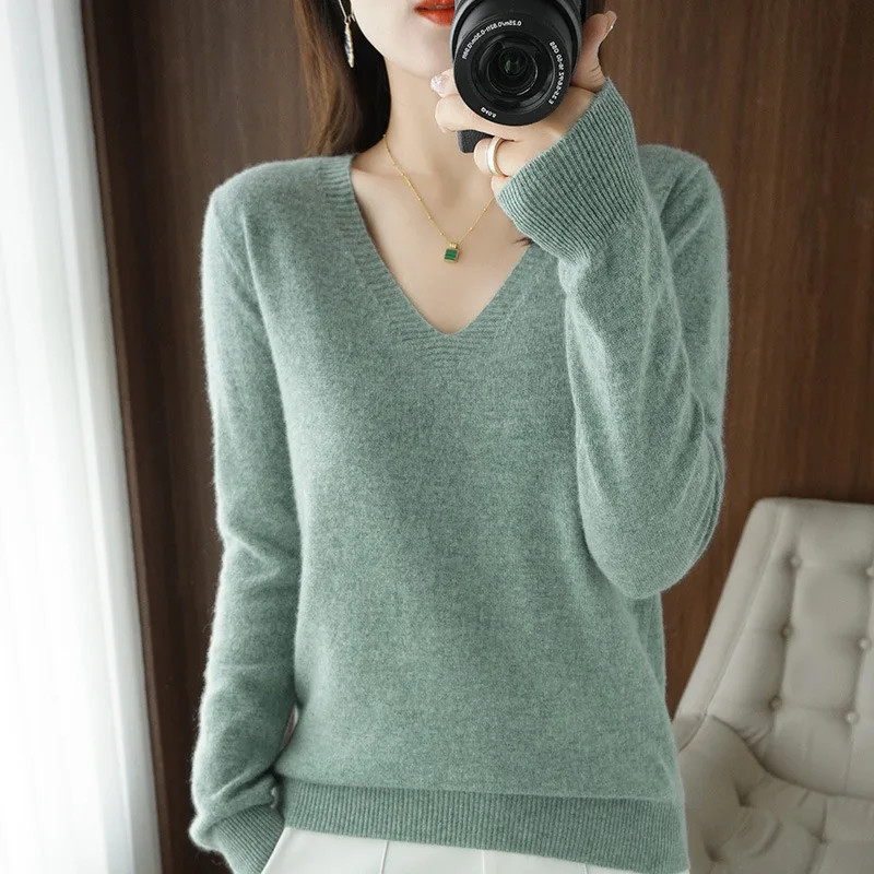 Pull femme 2025 automne hiver pulls tricotés col en v coupe ajustée chemise à bascule solide doux tricots pulls de base