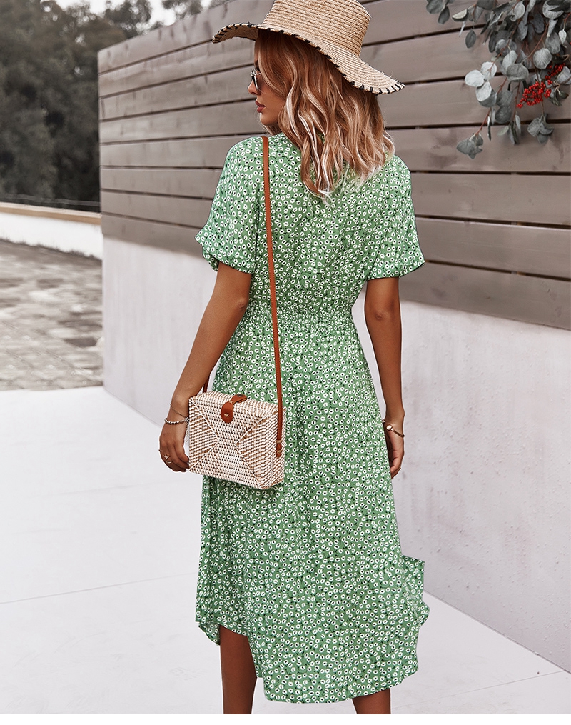 Robe d'été mi-longue à imprimé Floral pour femmes, décontractée, manches courtes, boutons, vacances, col en v, plage, Boho Chic, Robe élégante